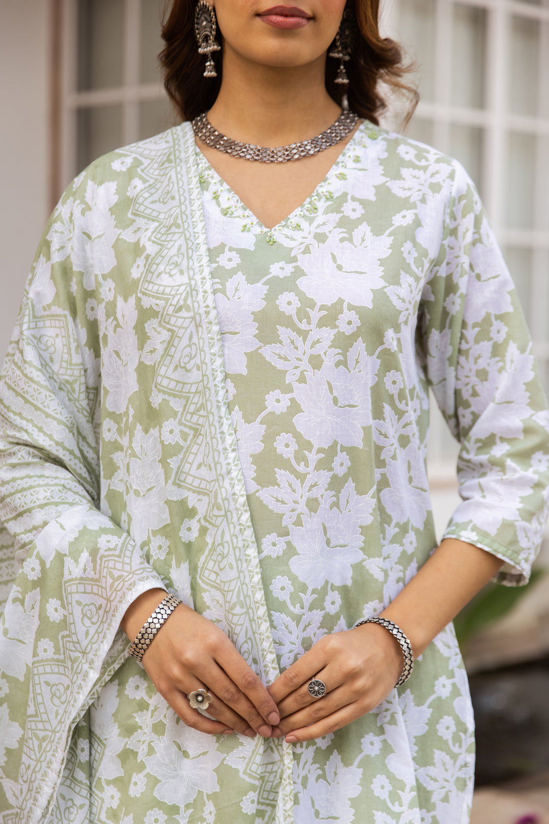 Nehamta Women's Pista Green:White Cotton Kurta with Trouser & Dupatta
