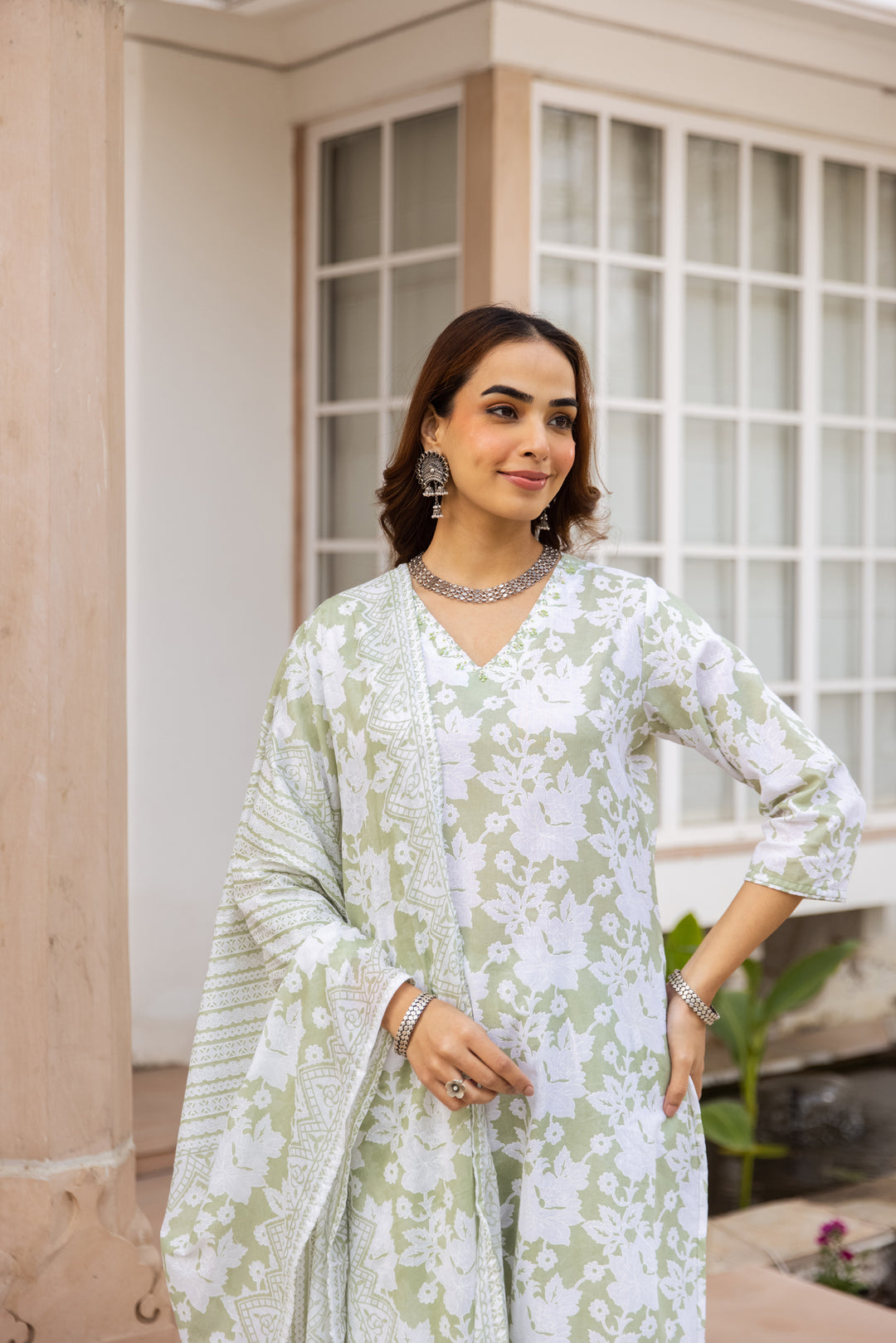 Nehamta Women's Pista Green:White Cotton Kurta with Trouser & Dupatta
