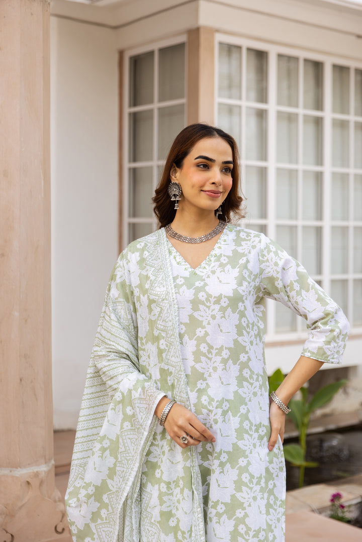 Nehamta Women's Pista Green:White Cotton Kurta with Trouser & Dupatta