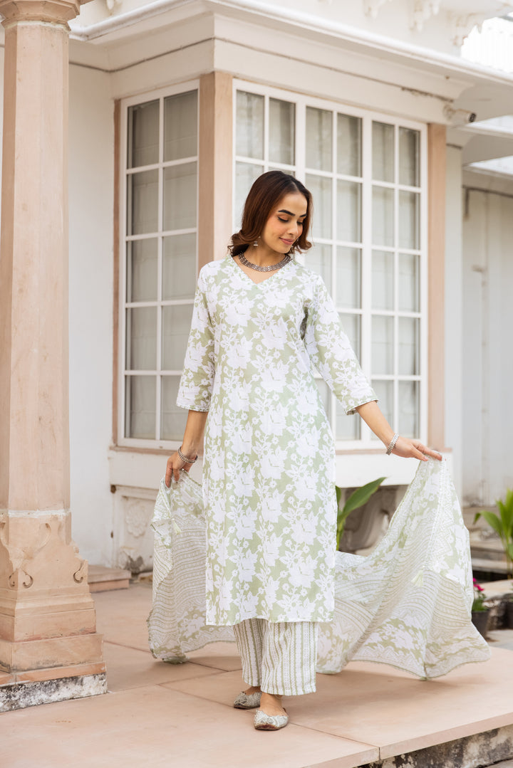 Nehamta Women's Pista Green:White Cotton Kurta with Trouser & Dupatta