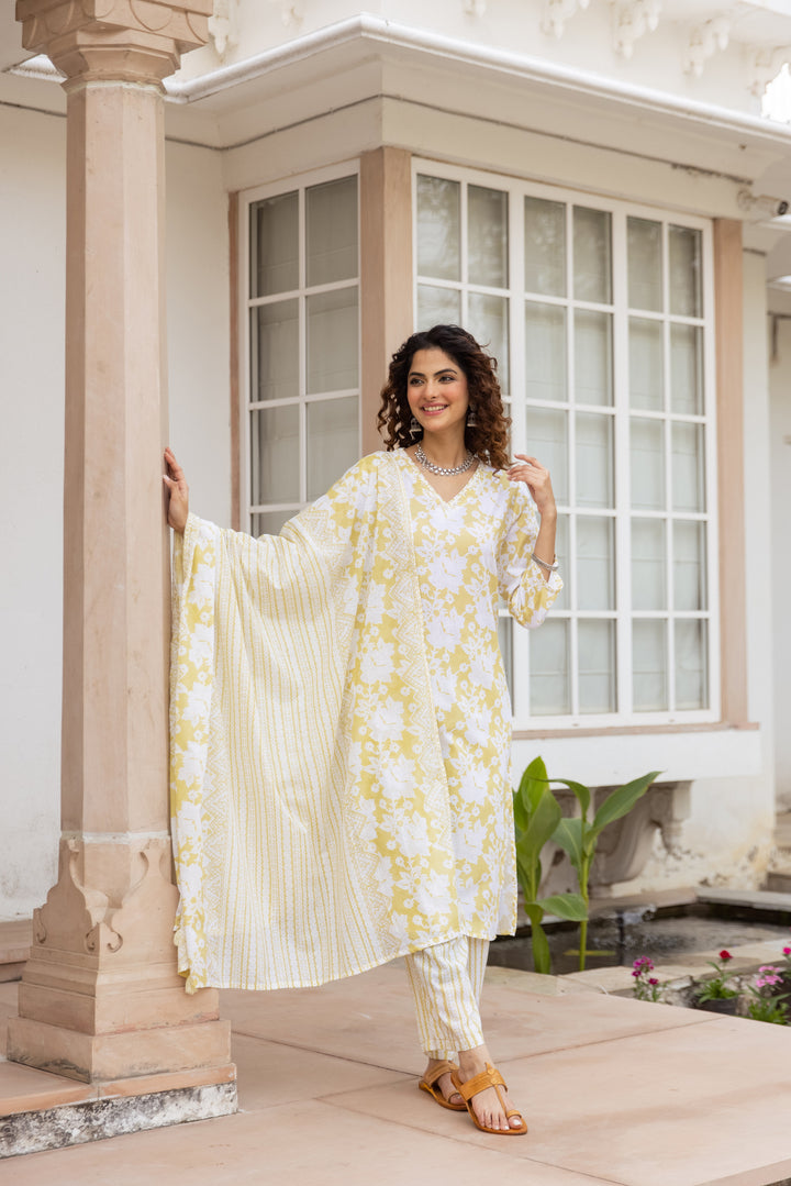 Nehamta Women's Yellow:White Cotton Kurta with Trouser & Dupatta