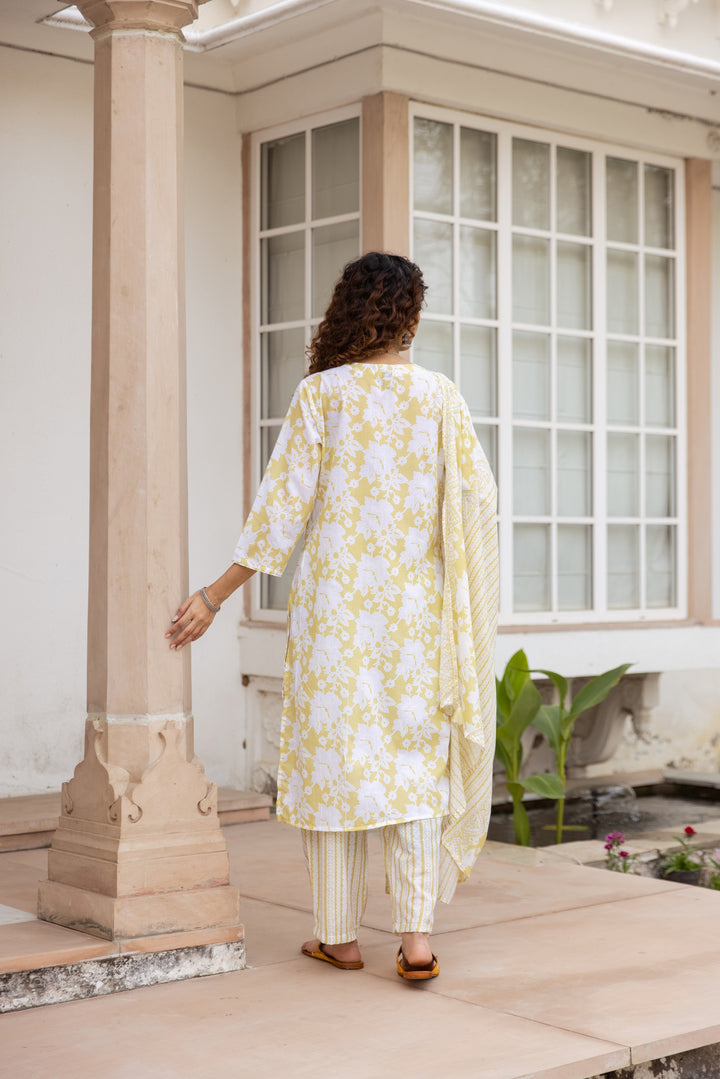 Nehamta Women's Yellow:White Cotton Kurta with Trouser & Dupatta