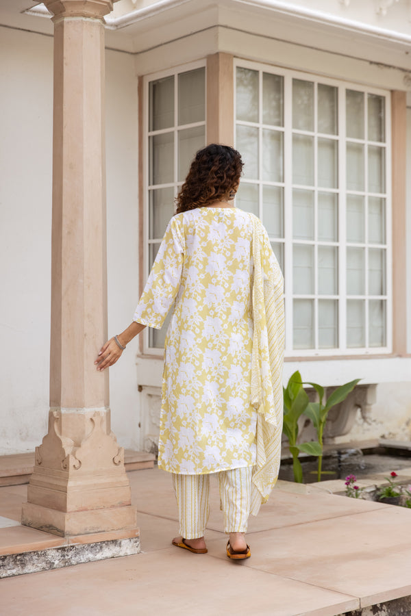 Nehamta Women's Yellow:White Cotton Kurta with Trouser & Dupatta