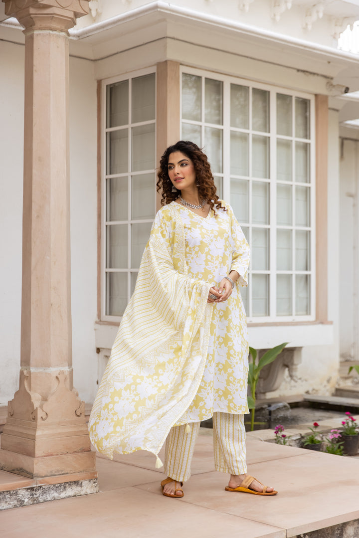 Nehamta Women's Yellow:White Cotton Kurta with Trouser & Dupatta