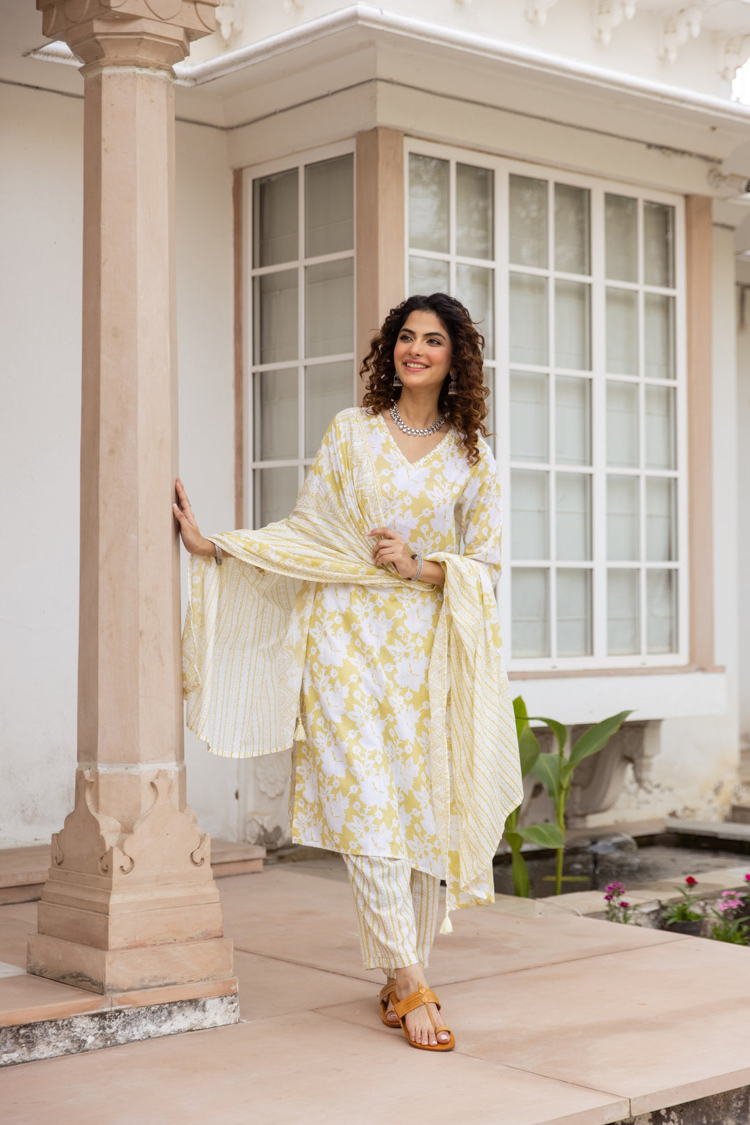 Nehamta Women's Yellow:White Cotton Kurta with Trouser & Dupatta