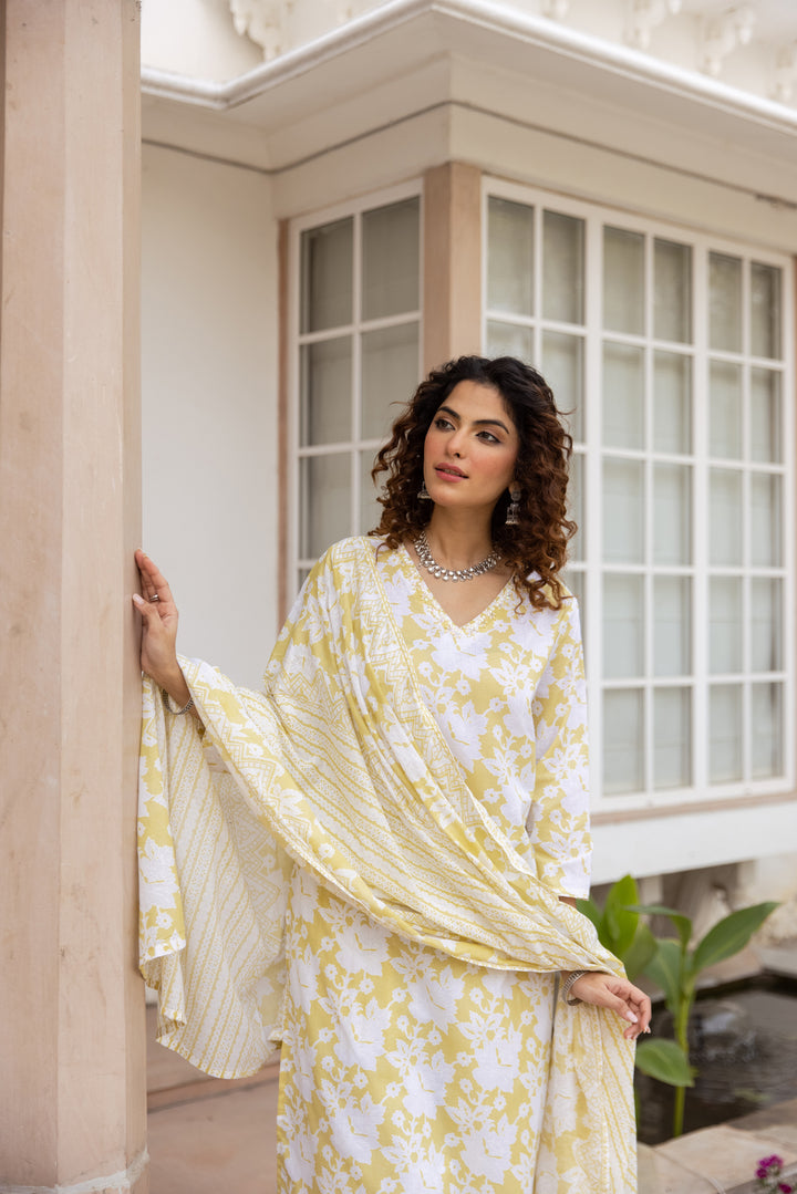 Nehamta Women's Yellow:White Cotton Kurta with Trouser & Dupatta