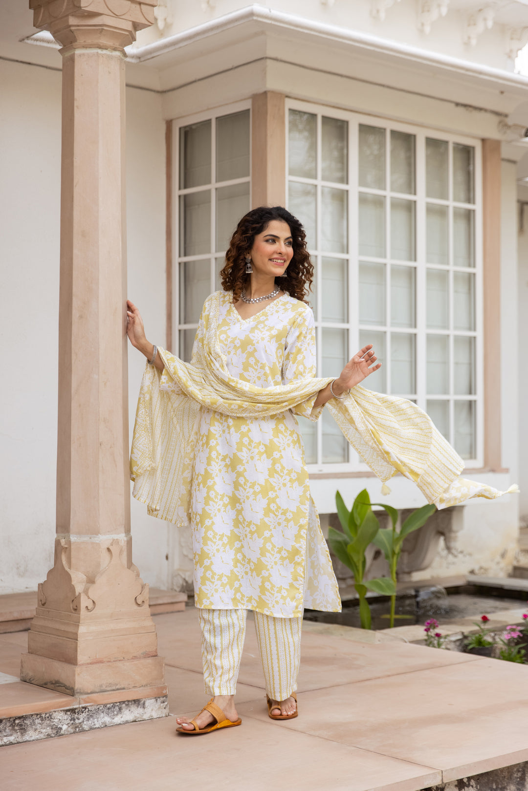 Nehamta Women's Yellow:White Cotton Kurta with Trouser & Dupatta