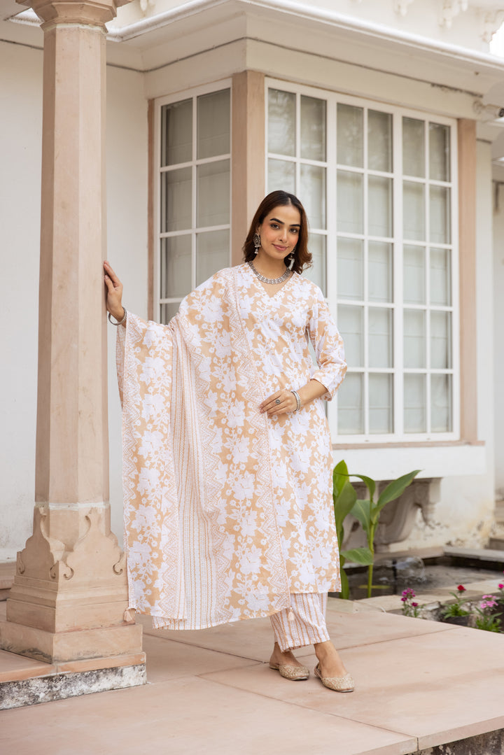 Nehamta Women's Beige:White Cotton Kurta with Trouser & Dupatta