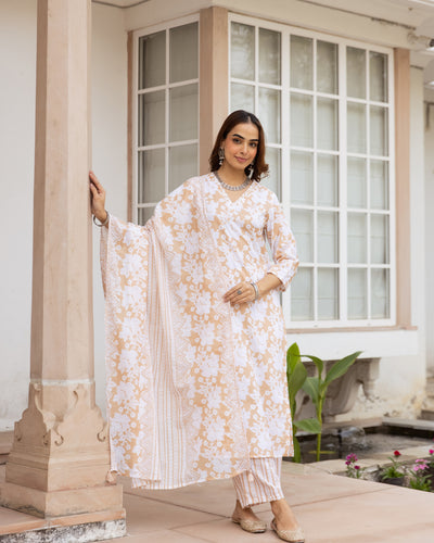 Nehamta Women's Beige:White Cotton Kurta with Trouser & Dupatta