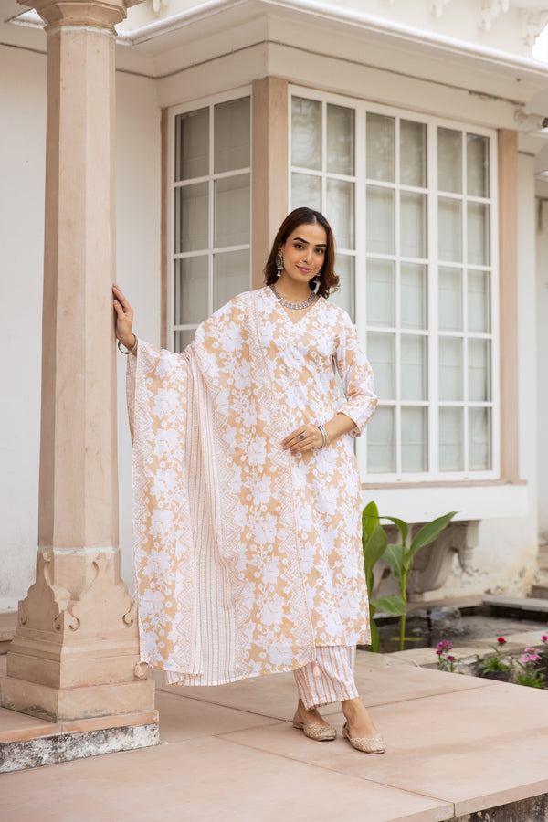 Nehamta Women's Beige:White Cotton Kurta with Trouser & Dupatta