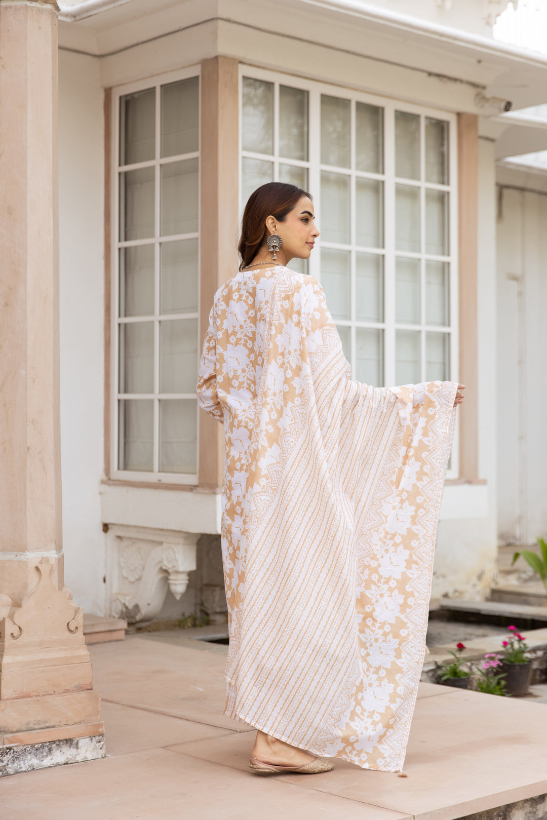 Nehamta Women's Beige:White Cotton Kurta with Trouser & Dupatta