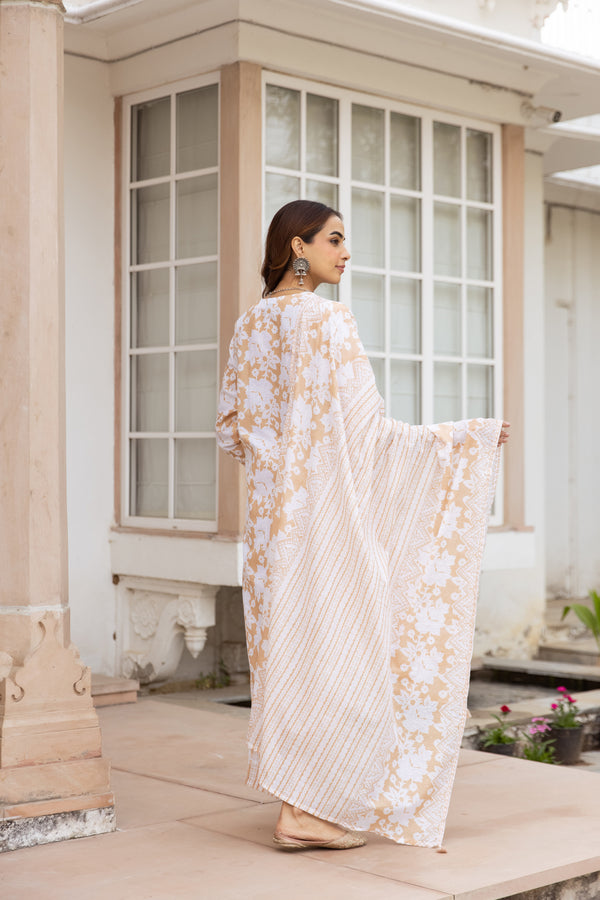 Nehamta Women's Beige:White Cotton Kurta with Trouser & Dupatta