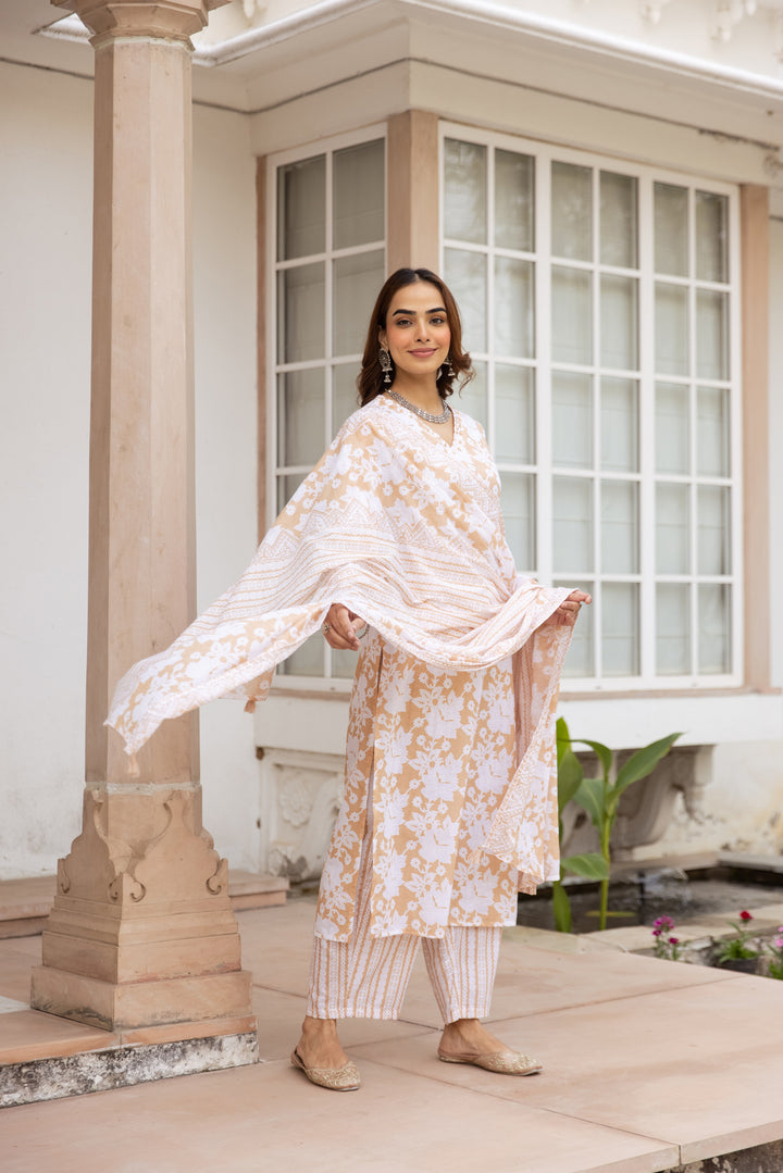 Nehamta Women's Beige:White Cotton Kurta with Trouser & Dupatta