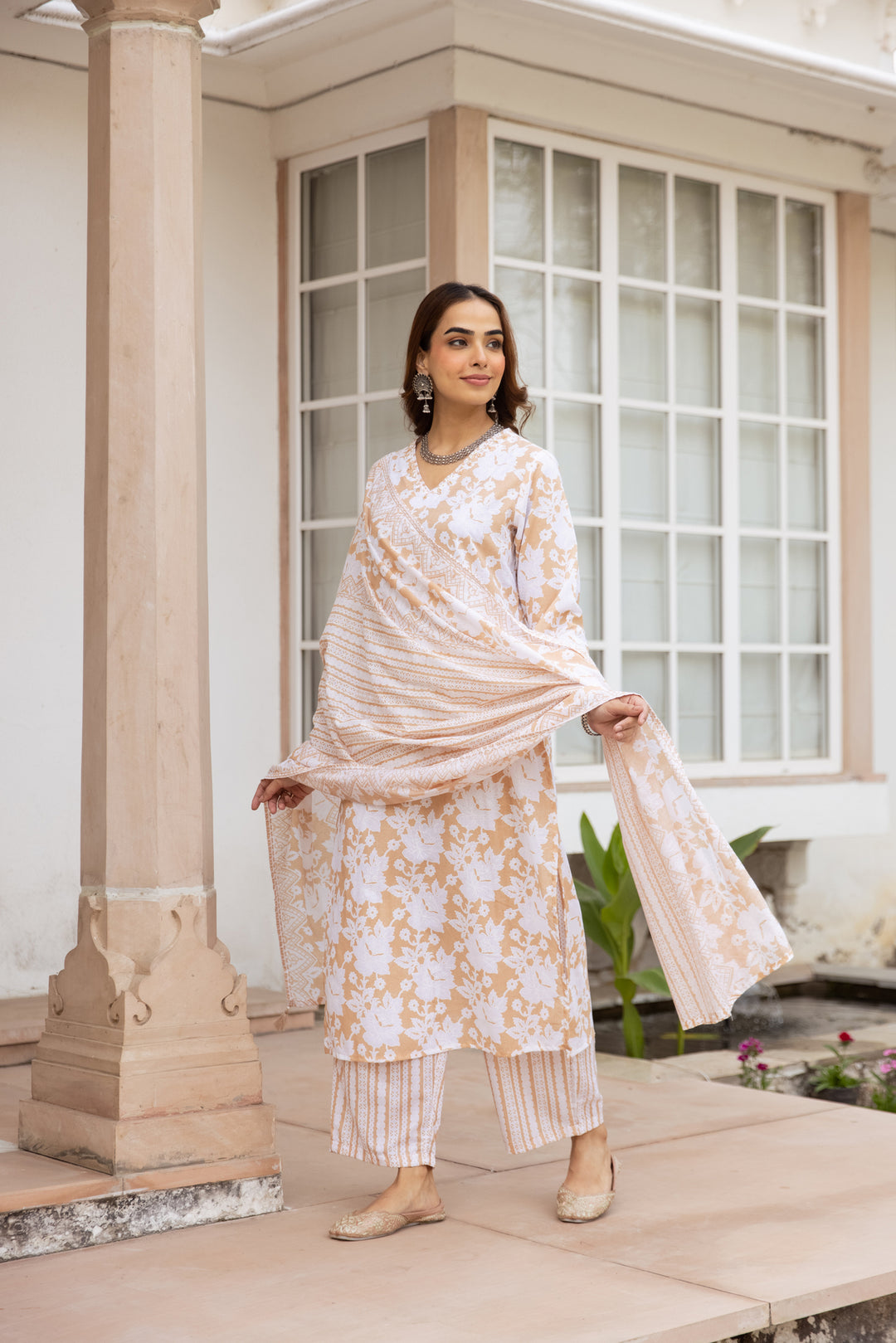 Nehamta Women's Beige:White Cotton Kurta with Trouser & Dupatta