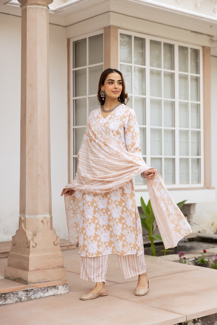 Nehamta Women's Beige:White Cotton Kurta with Trouser & Dupatta