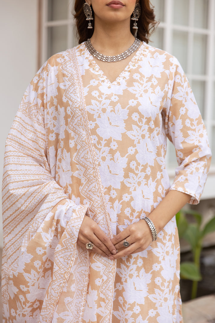 Nehamta Women's Beige:White Cotton Kurta with Trouser & Dupatta