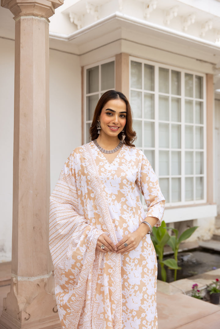 Nehamta Women's Beige:White Cotton Kurta with Trouser & Dupatta