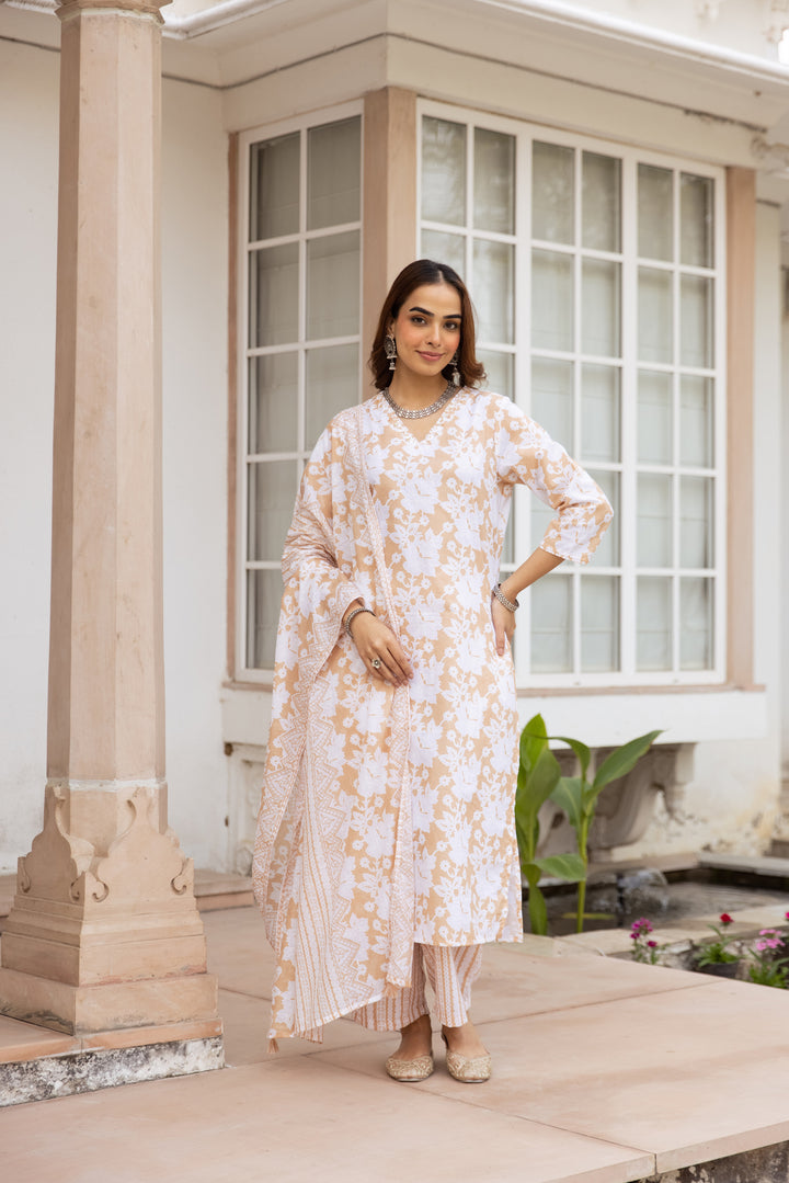 Nehamta Women's Beige:White Cotton Kurta with Trouser & Dupatta