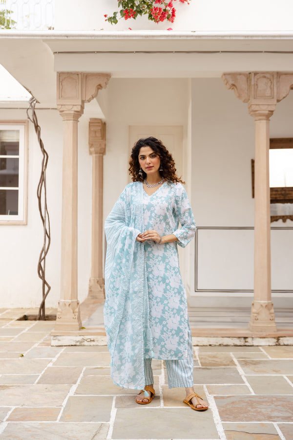 Nehamta Women's Sky Blue:White Cotton Kurta with Trouser & Dupatta
