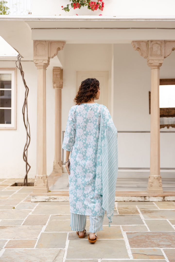 Nehamta Women's Sky Blue:White Cotton Kurta with Trouser & Dupatta