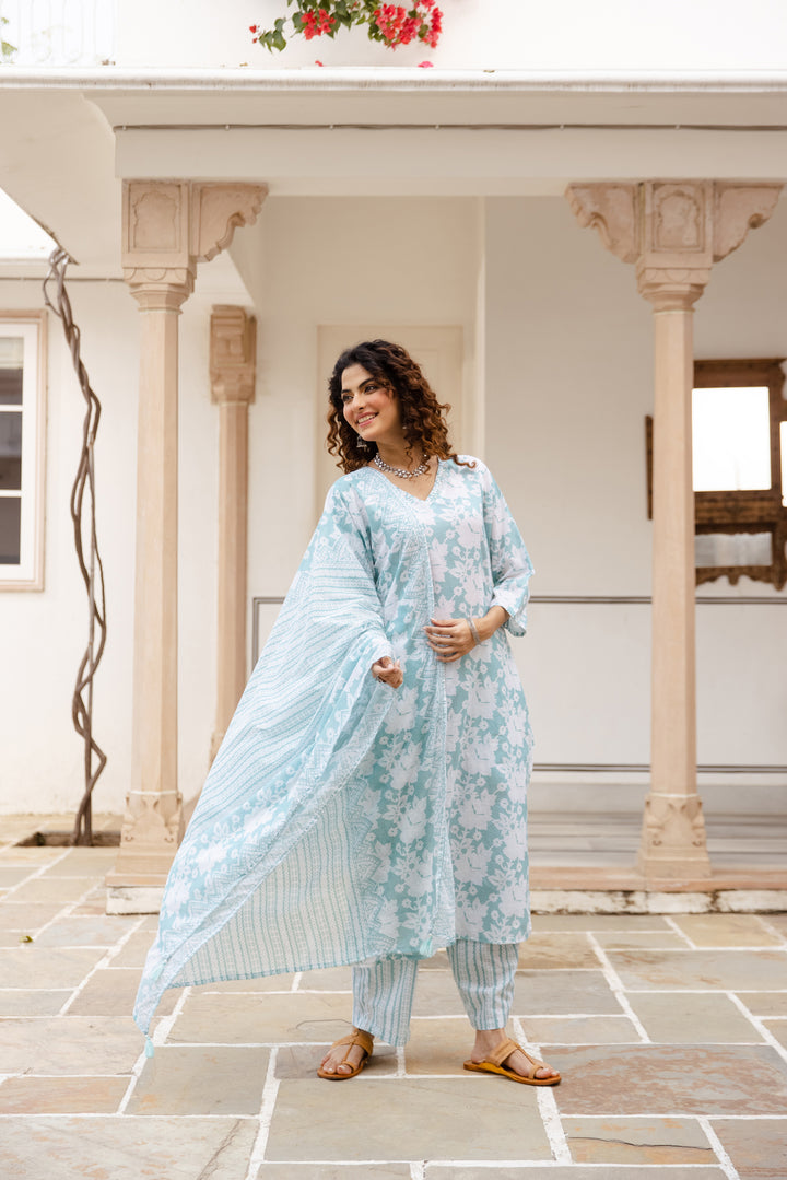 Nehamta Women's Sky Blue:White Cotton Kurta with Trouser & Dupatta