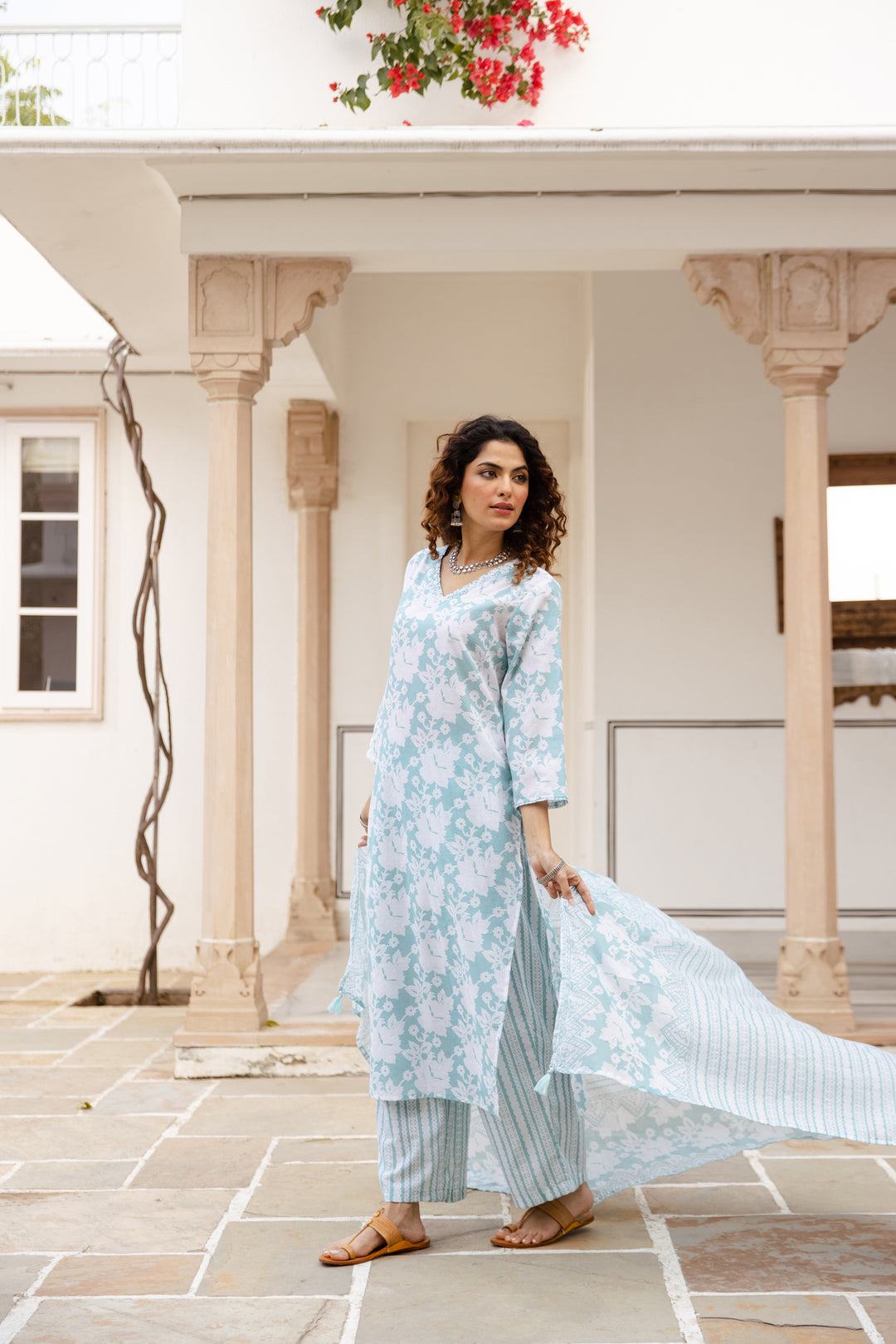 Nehamta Women's Sky Blue:White Cotton Kurta with Trouser & Dupatta