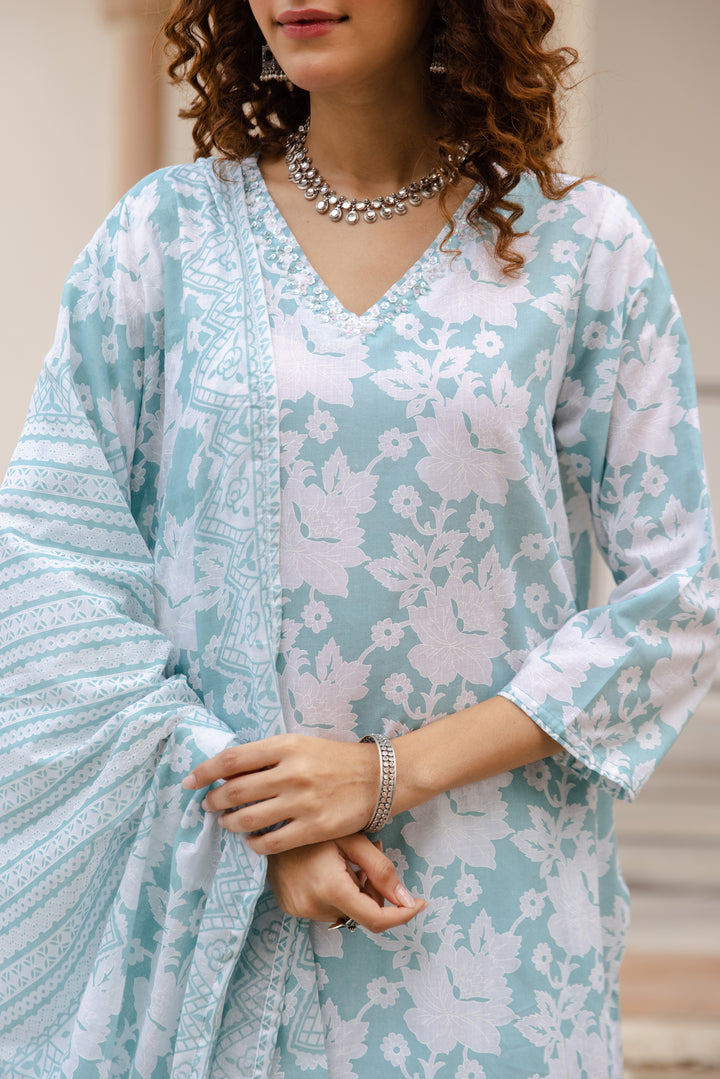 Nehamta Women's Sky Blue:White Cotton Kurta with Trouser & Dupatta