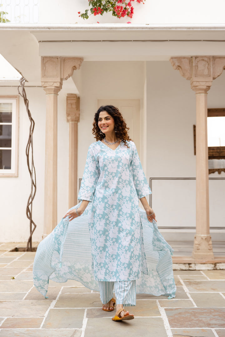 Nehamta Women's Sky Blue:White Cotton Kurta with Trouser & Dupatta