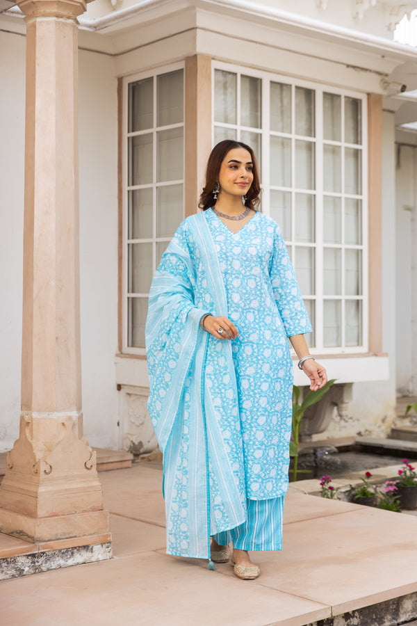 Nehamta Women's Sky Blue:White Cotton Kurta with Trouser & Dupatta