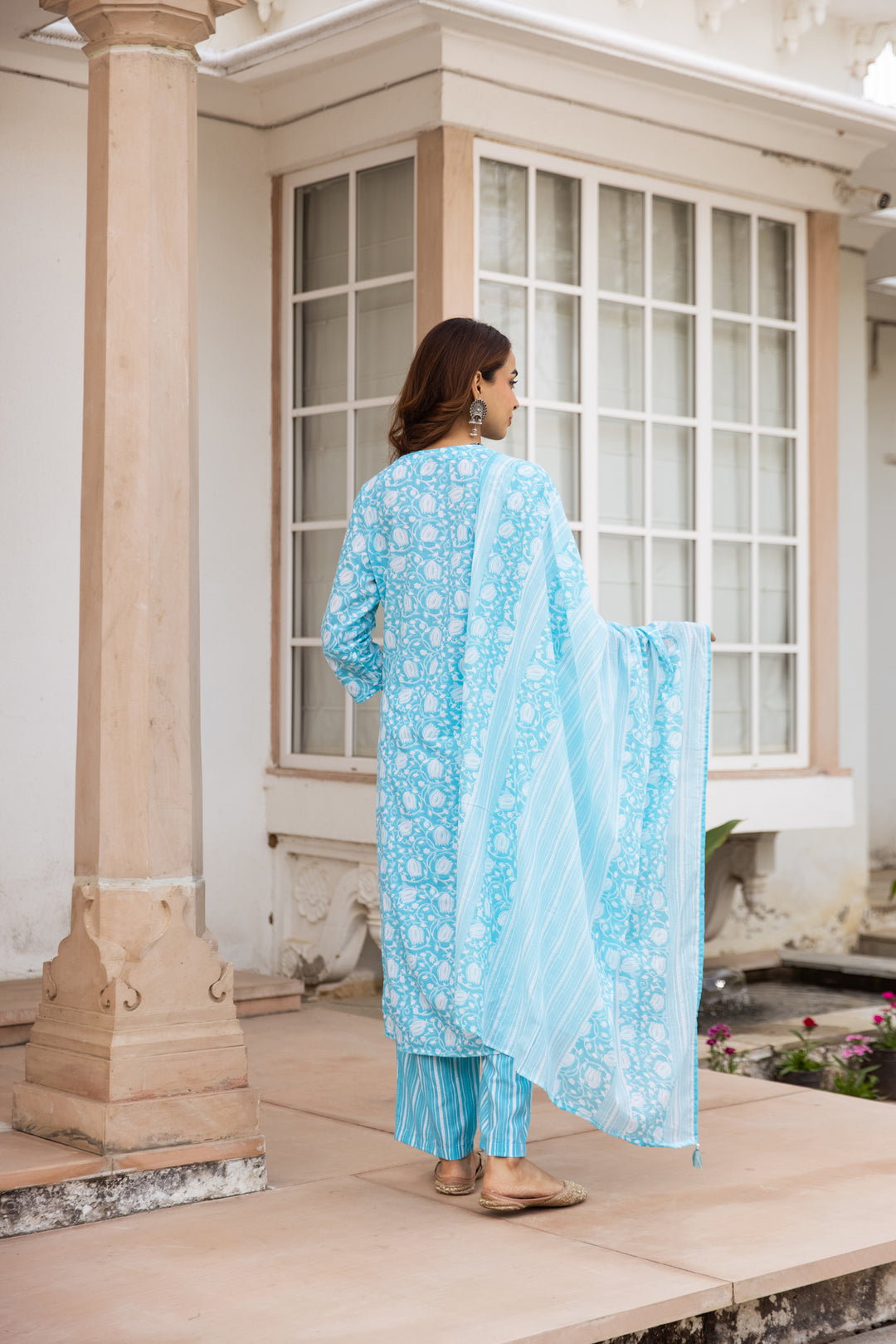 Nehamta Women's Sky Blue:White Cotton Kurta with Trouser & Dupatta