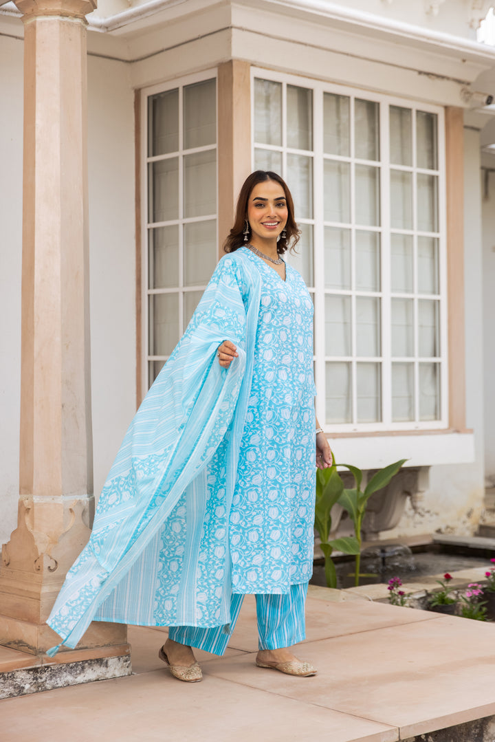 Nehamta Women's Sky Blue:White Cotton Kurta with Trouser & Dupatta