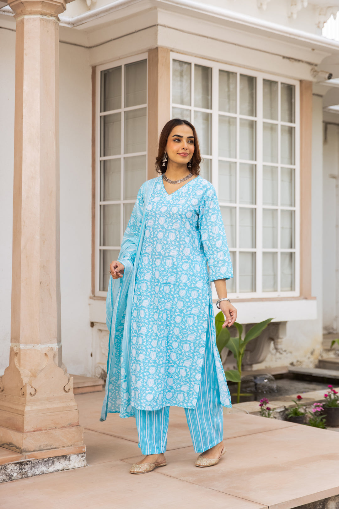 Nehamta Women's Sky Blue:White Cotton Kurta with Trouser & Dupatta