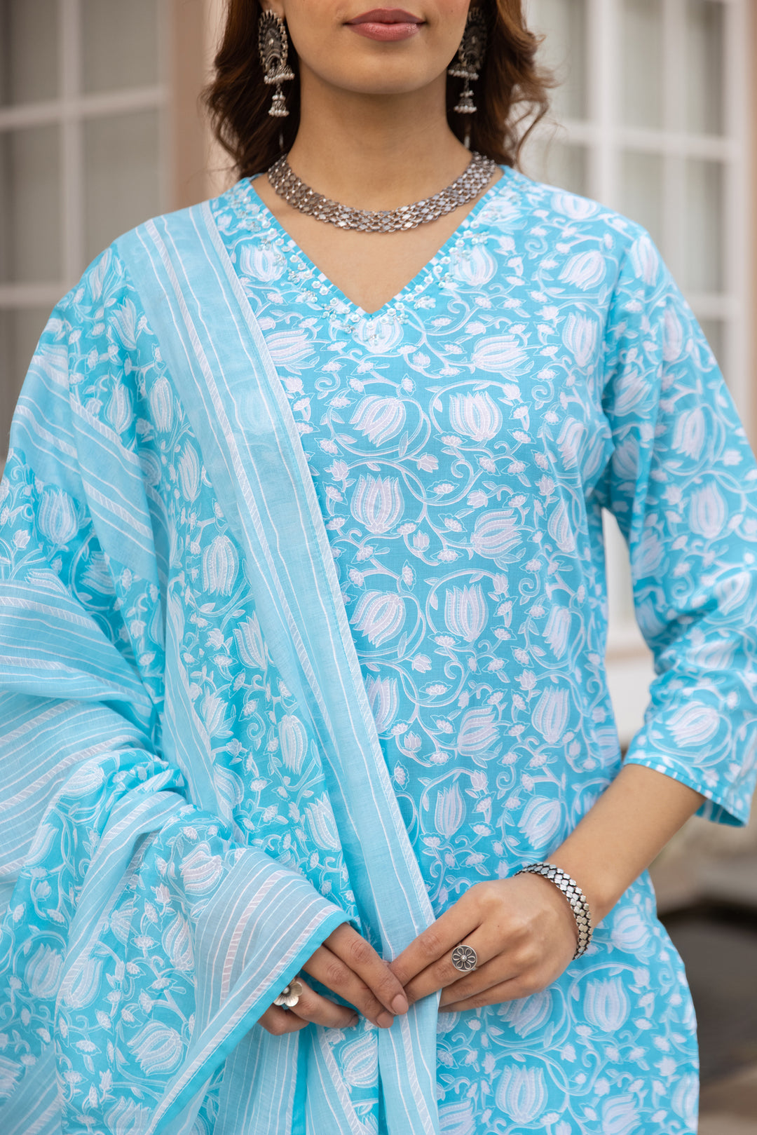 Nehamta Women's Sky Blue:White Cotton Kurta with Trouser & Dupatta