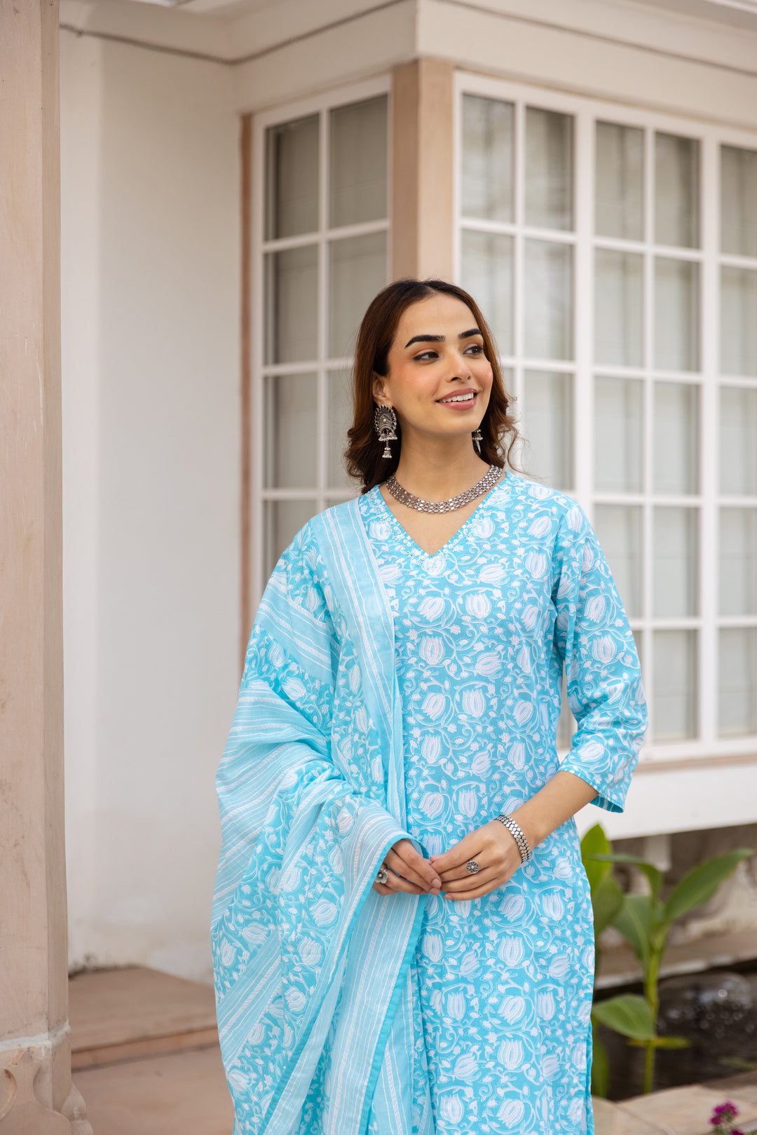 Nehamta Women's Sky Blue:White Cotton Kurta with Trouser & Dupatta