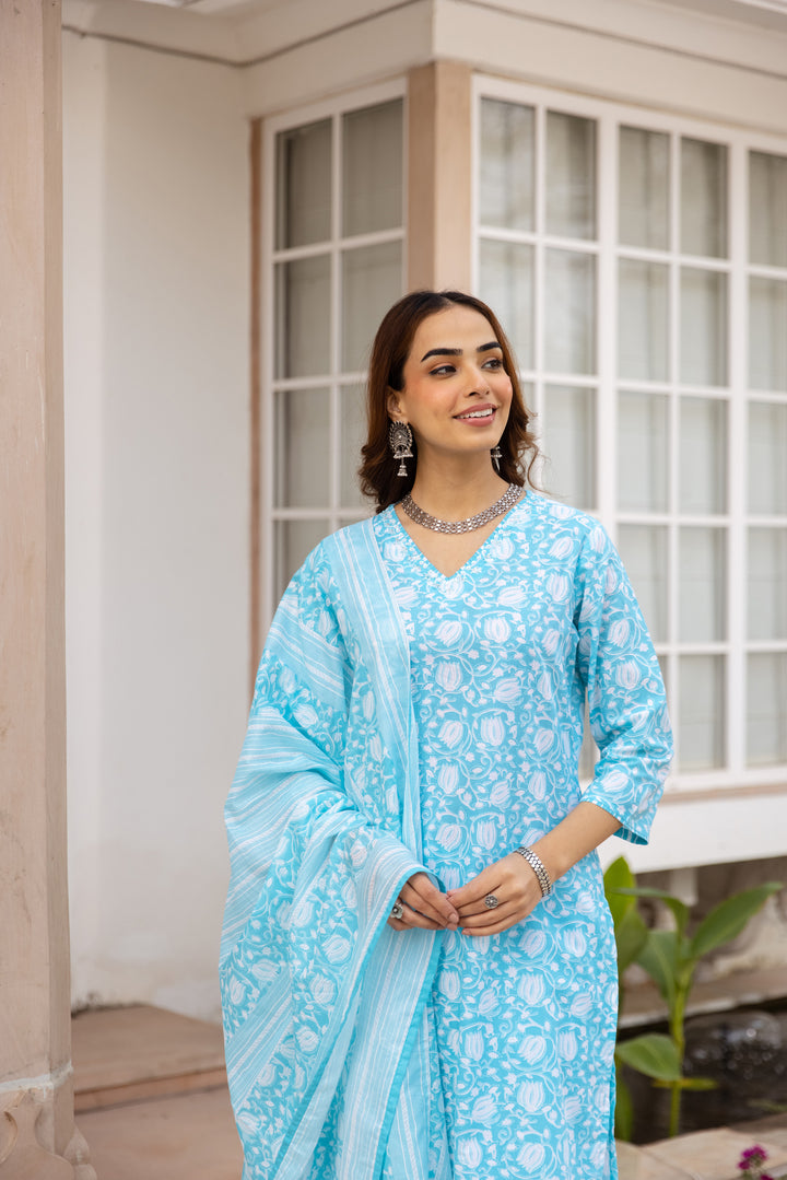 Nehamta Women's Sky Blue:White Cotton Kurta with Trouser & Dupatta