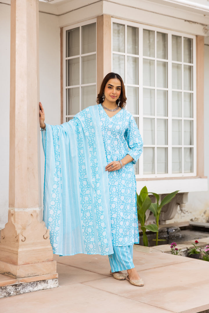 Nehamta Women's Sky Blue:White Cotton Kurta with Trouser & Dupatta