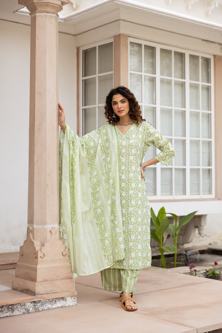 Nehamta Women's Green:White Cotton Kurta with Trouser & Dupatta