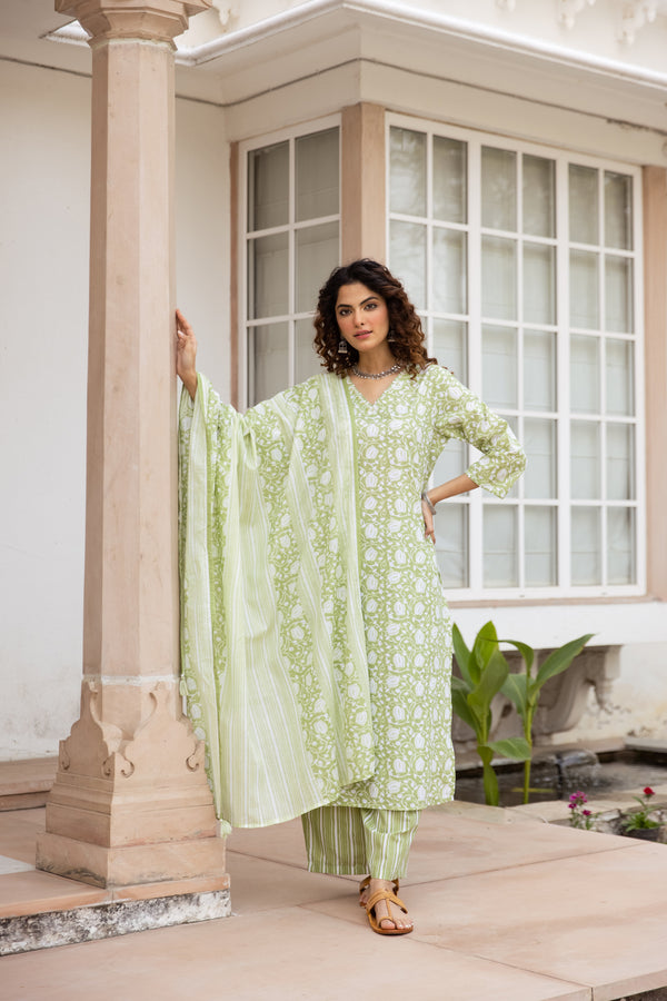 Nehamta Women's Green:White Cotton Kurta with Trouser & Dupatta