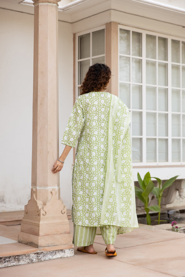 Nehamta Women's Green:White Cotton Kurta with Trouser & Dupatta