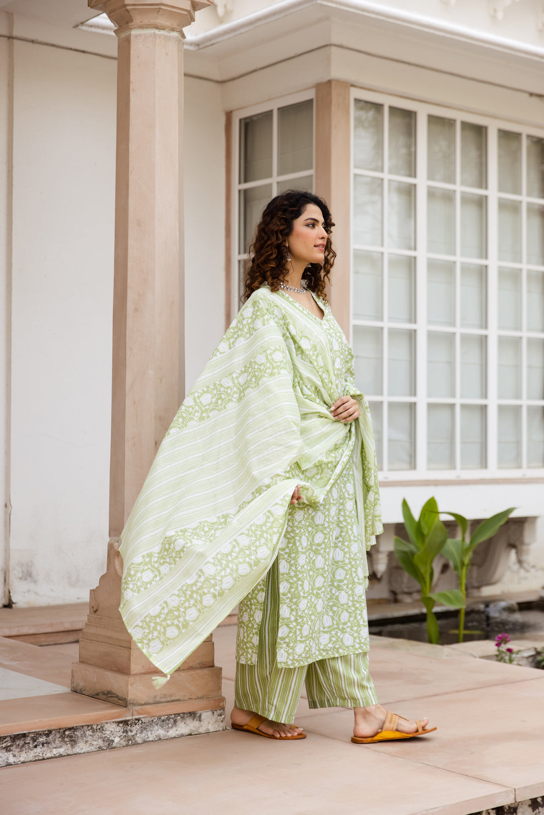 Nehamta Women's Green:White Cotton Kurta with Trouser & Dupatta