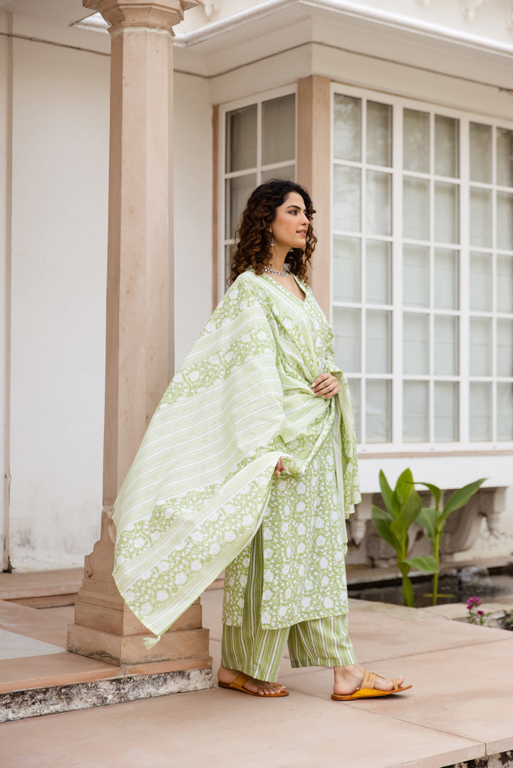 Nehamta Women's Green:White Cotton Kurta with Trouser & Dupatta