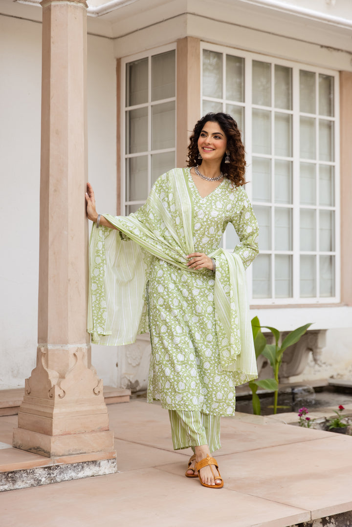 Nehamta Women's Green:White Cotton Kurta with Trouser & Dupatta