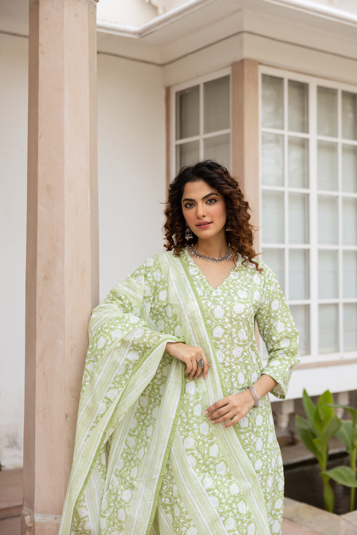 Nehamta Women's Green:White Cotton Kurta with Trouser & Dupatta