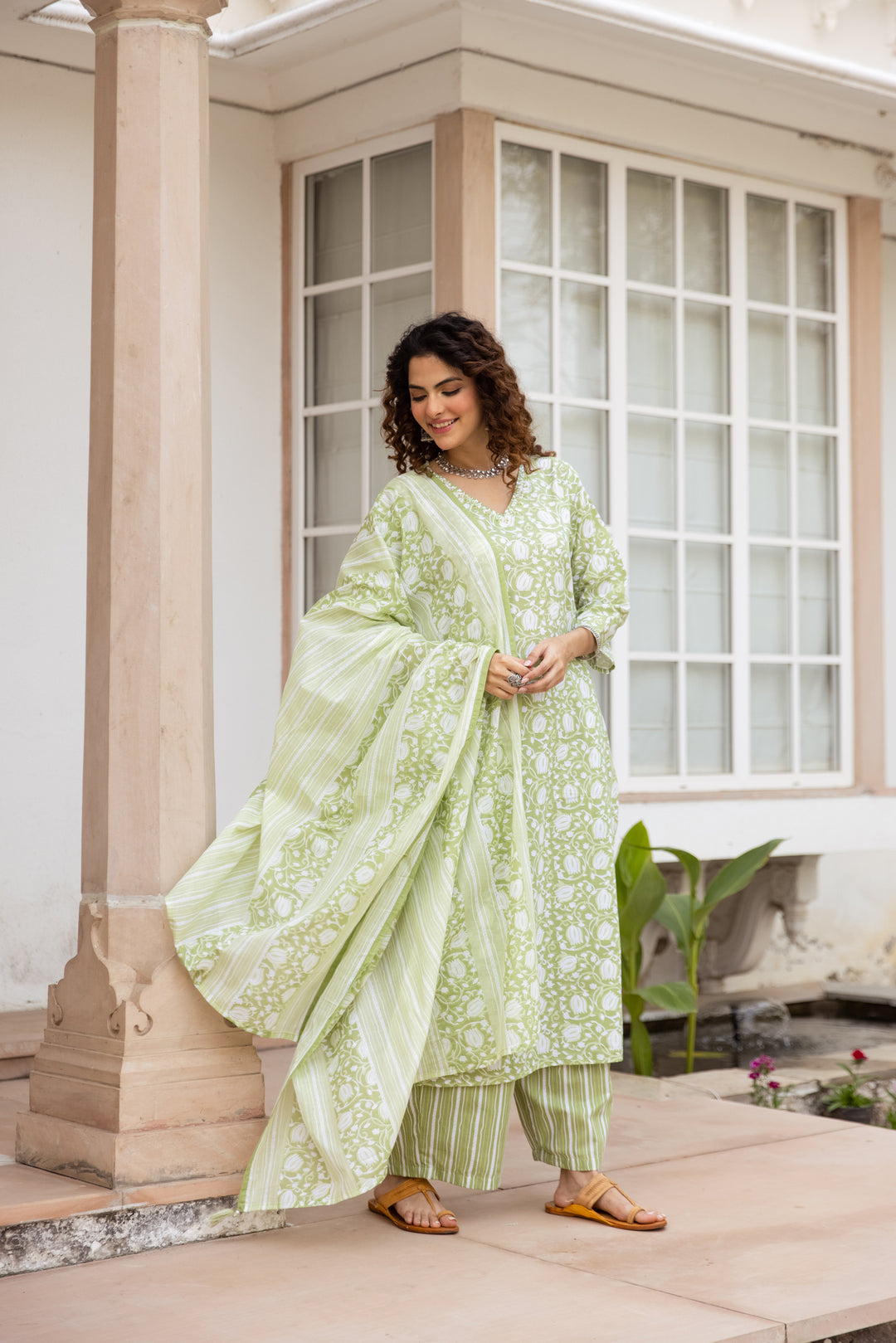 Nehamta Women's Green:White Cotton Kurta with Trouser & Dupatta