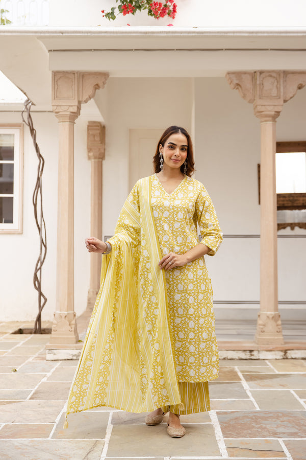 Nehamta Women's Yellow:White Cotton Kurta with Trouser & Dupatta