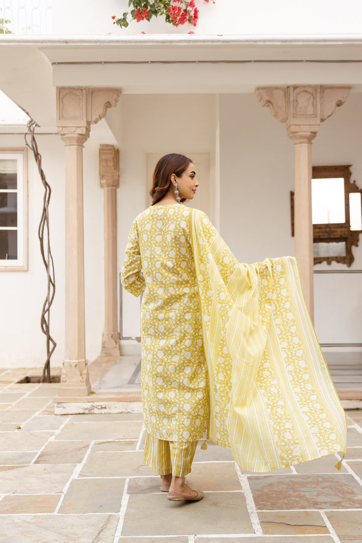 Nehamta Women's Yellow:White Cotton Kurta with Trouser & Dupatta