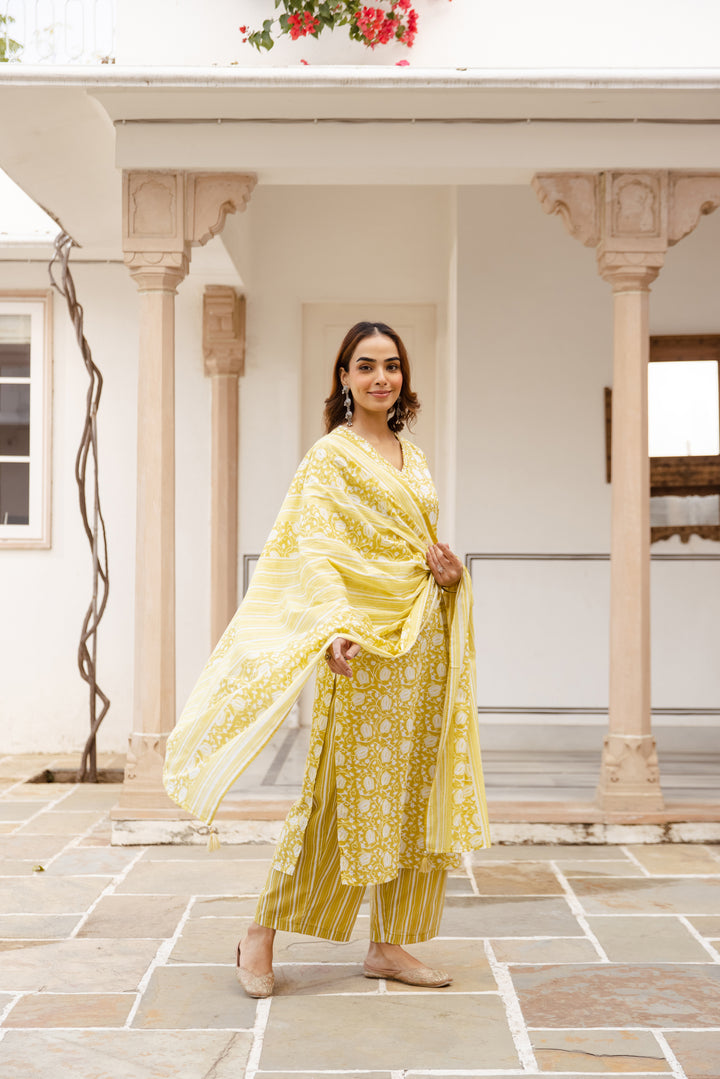 Nehamta Women's Yellow:White Cotton Kurta with Trouser & Dupatta