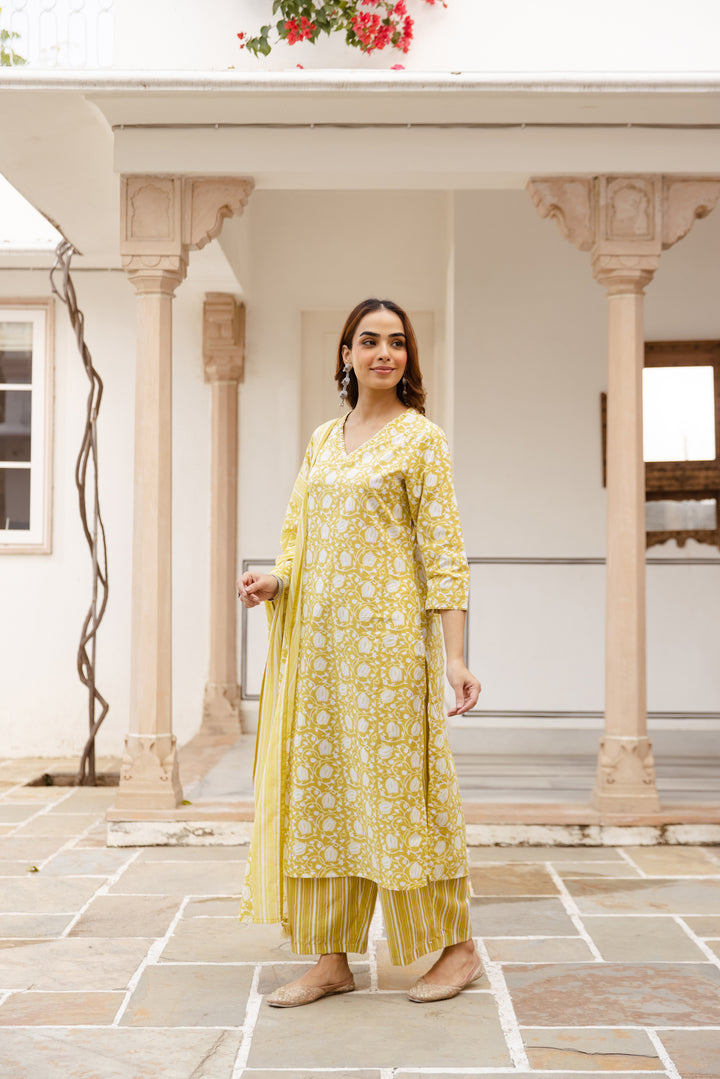 Nehamta Women's Yellow:White Cotton Kurta with Trouser & Dupatta