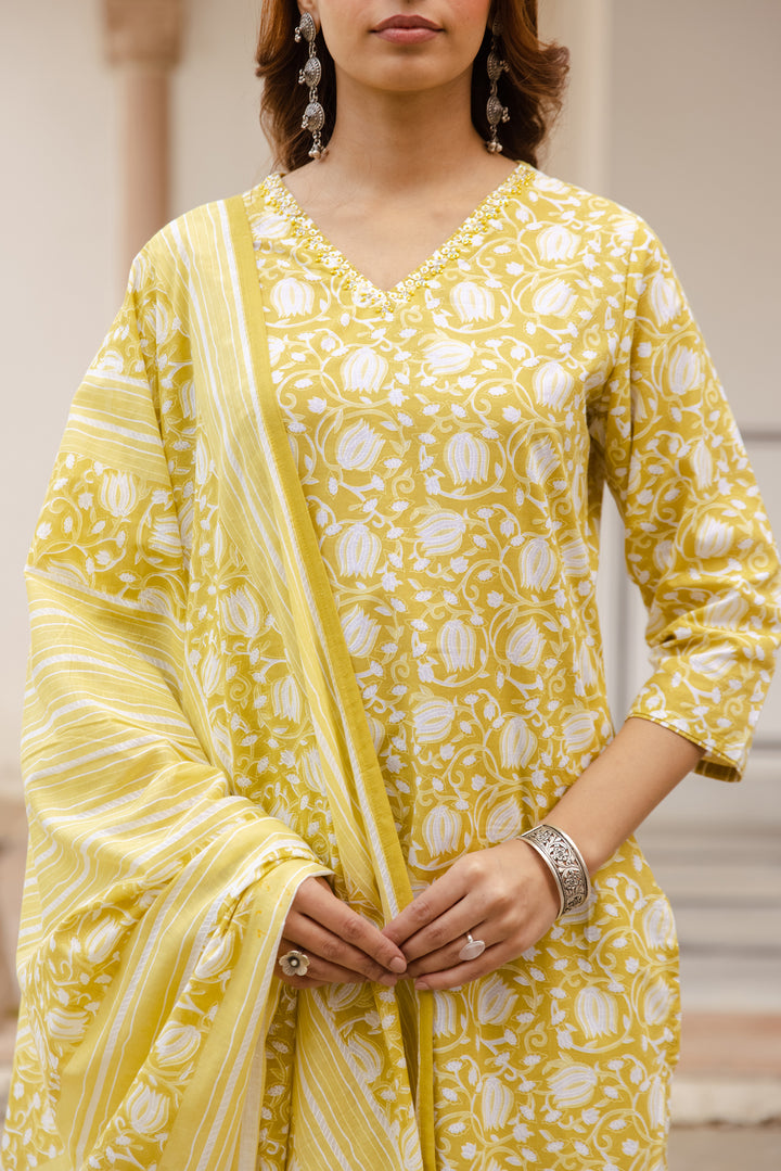 Nehamta Women's Yellow:White Cotton Kurta with Trouser & Dupatta