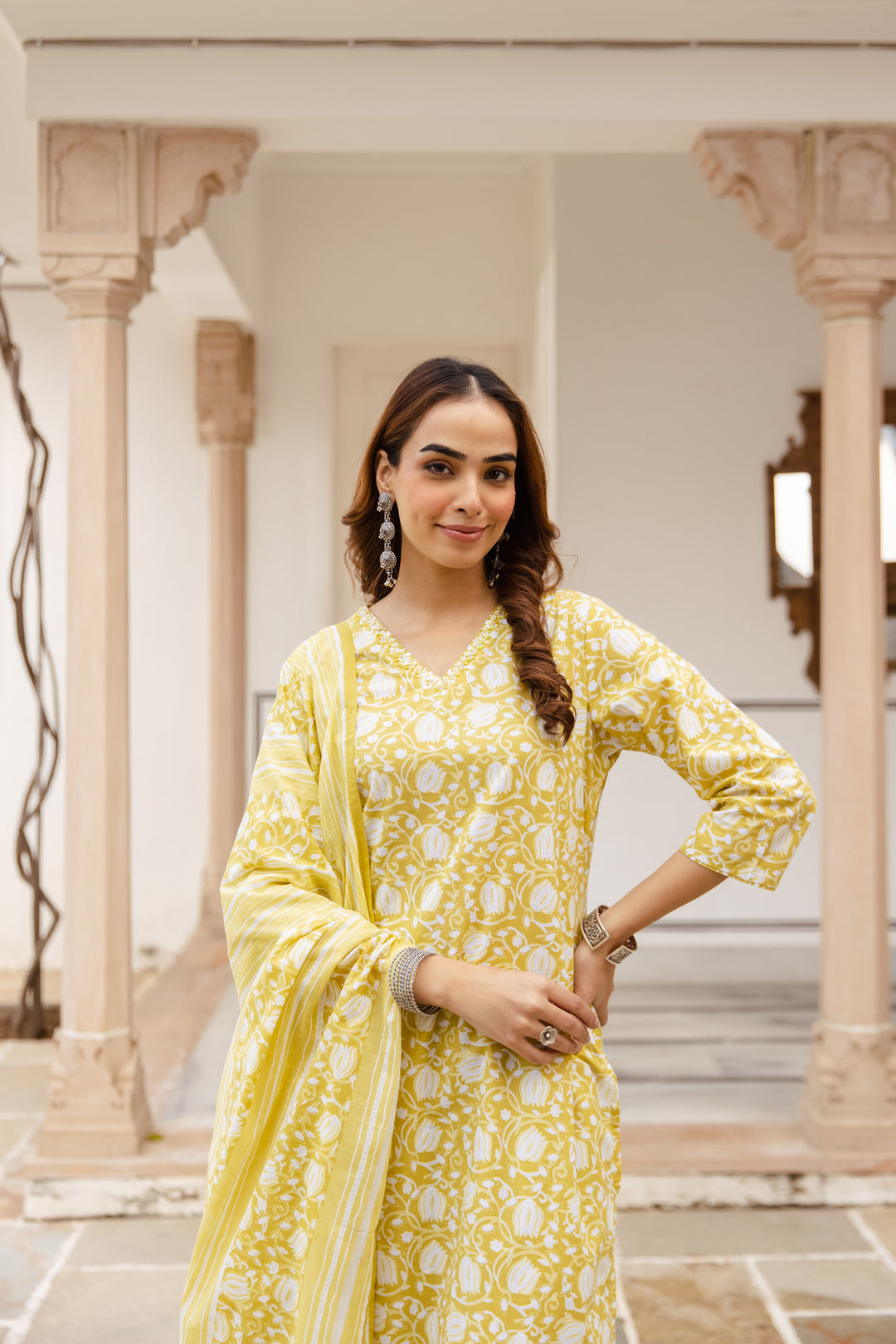Nehamta Women's Yellow:White Cotton Kurta with Trouser & Dupatta